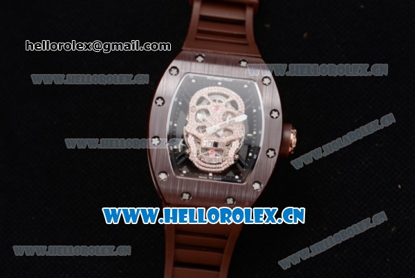 Richard Mille RM052 Miyota 9015 Automatic PVD/Rose Gold Case with Skull Dial and Dot Markers Brown Rubber Strap - Click Image to Close